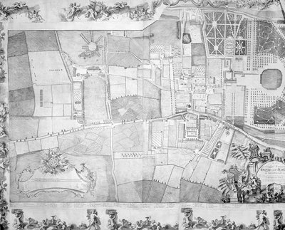 Detail (linkerkant) van het plan van Kensington Palace door Joshua Rhodes, 1764 door George Bickham